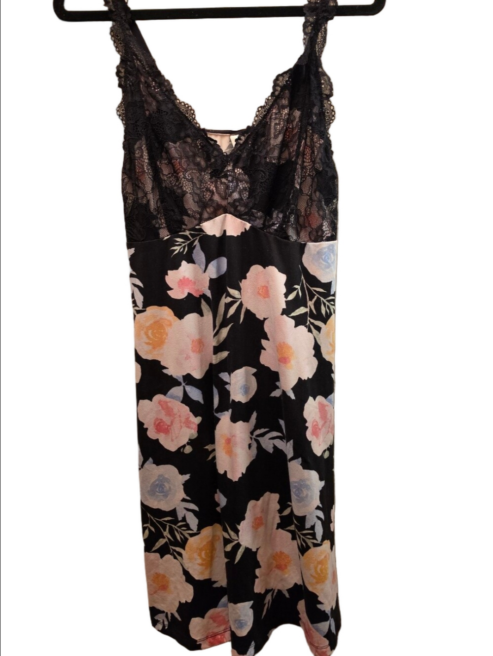 Flora Nikrooz L Floral Lace Chemise Nightgown Black Watercolor Roses
